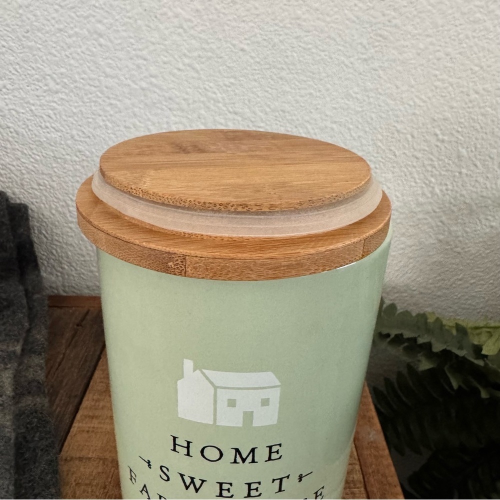 Ceramic Canister Home Sweet Farmhouse Mint Green Wood Lid Rustic Minimalist - Picture 5 of 10